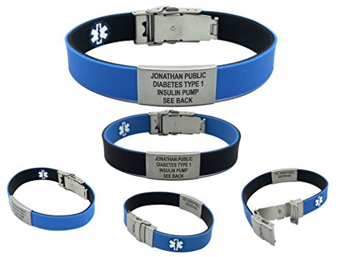 Sport/Slim Reversible Waterproof Medical Alert Bracelet. Incl. 9 Lines Engraving. - Black/Blue