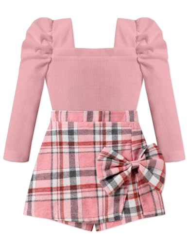 Image of Fuermos Toddler Girl Clothes Puff Sleeve Top and Pleated Girls Plaid Skirt Set 2PCS Girls Outfits Fall Winter