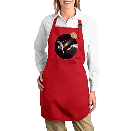 Tablier cuisine rouge espace lune collage surréaliste premium