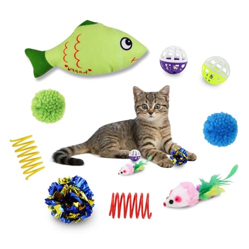 Andiker Juego de 9 juguetes para gatos, paquete de juguetes para gatos con pez hierba gatera, bolas de felpa, bola arrugada, juguete interactivo para gatitos de interior que mastican, muerden y buscan