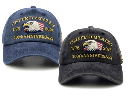 Qoyupuza 2 Packs 250th Anniversary USA Hats, 1776-2026 American Eagle Flag Embroidery, Patriotic Baseball Caps-Black