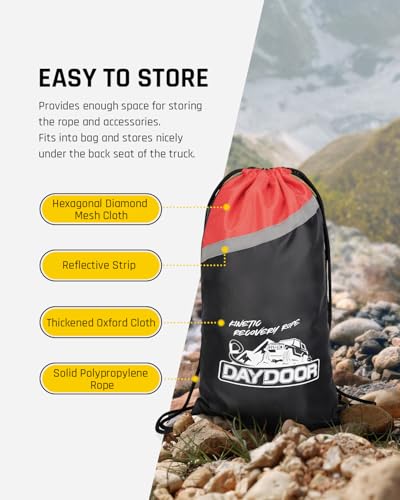 DAYDOOR Kinetic Recovery Rope Kit with 2 Soft Shackles, 1\" x 30ft, 38,500Lbs Break Strength, 30% Elasticity, Reflective for ATV, UTV, Truck, 4x4 Offroad Vehicle (Gray)