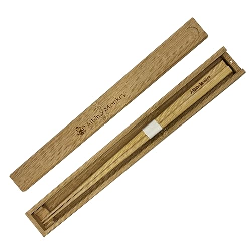 Albino Monkey Reusable Portable Travel Chopsticks Set with Case & Chopstick Holder | Natural Bamboo Wooden Japanese Chop sticks - In a Nice Gift Box