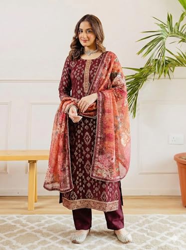 Image of GoSriKi Kurta Sets for Women Viscose Printed | Kurti Set for Woman | Straight Kurta Pant Dupatta Set | 3 Piece Set Women | Round Neck 3 /4 Sleeve Regular Fit Stylish Ethnic Outfit Clothing