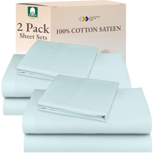 Image of California Design Den 100% Cotton Pack of 2 Twin XL Sheet Sets, Soft & Durable Extra Long Twin Bed Sheets Cotton with 12 inch Pockets, Twin XL Sheets with Sateen Sheets (Seafoam)