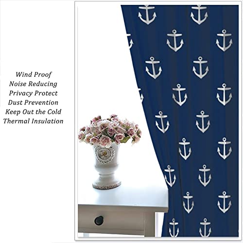 Nautical Anchor Rod Pocket Blackout Curtains For Bedroom Living Room - Blue Window Drapes, 2 Panels Set Thermal Insulated Room Darkening Curtains, W42 X L63 #TOP5