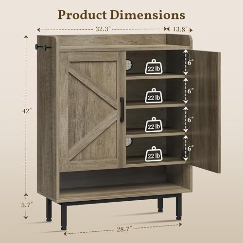 Image of Yaheetech Shoe Storage Cabinet with Doors, Farmhouse Shoe Cabinet with 2 Adjustable Shelves and 4 Side Hooks, Wooden Shoe Rack Organizer Cabinet for Entryway, Foyer, Hallway, Washed Gray