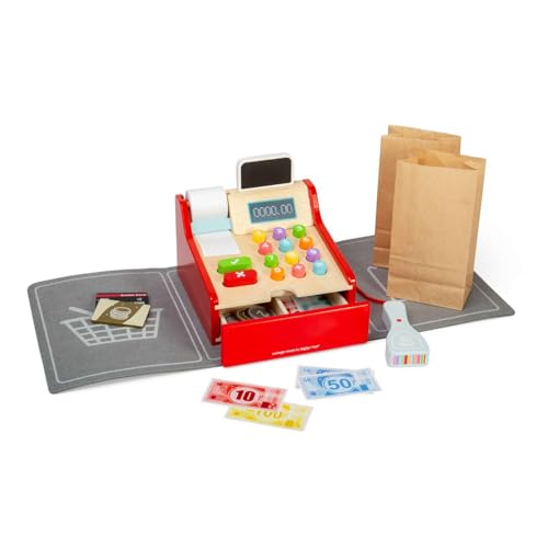 Bigjigs Toys Shop Till - Caja registradora de madera para niños, caja registradora con escáner, dinero y tarjeta, accesorios para supermercado de juegos de rol, juguete educativo para niños de más de