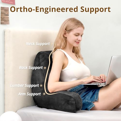 Image of Sasttie Reading Pillow, Velvet Back Pillow for Bed Sitting Up, Adult Back-Rest Support Cushion with Arms for Sit Up on Couch, Sofa, and Floor, Dorm Essentials, Reading Accessories, Black