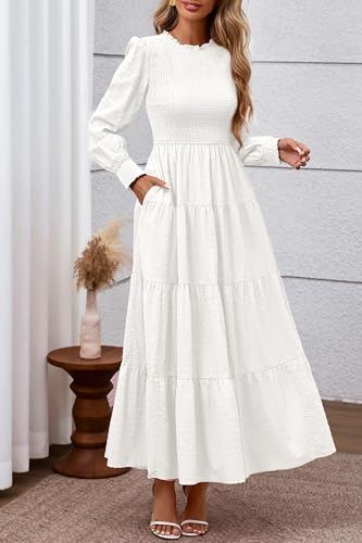 PRETTYGARDEN Women's Long Sleeve Maxi Dresses 2025 Fall Casual Smocked Trim Neck Swiss Dot Tiered Flowy Wedding Guest Dress4