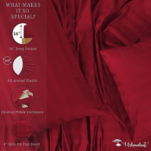 URBANHUT 800 Thread Count Egyptian Cotton Damask Striped Twin Size Sheets Set (4 Pc) - Ultra Soft & Smooth, Sateen Weave Twin Size Bed Sheets, Luxury Hotel Sheets with 16" Deep Pocket - Burgundy