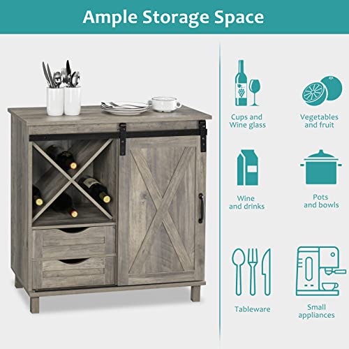 Vingli Farmhouse Barn Door Wine Liquor Cabinet Home Coffee Bar Furniture W/Removable X-Shaped Wine Rack, Rustic Mini Buffet Sideboard Accent Storage Cabinet With 2 Drawers (Wash Grey) #TOP3
