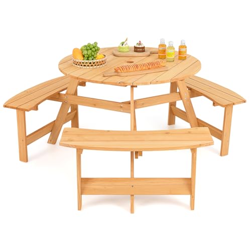 GOPLUS Juego de Mesa y Banco de Picnic de Madera para Niños, Mesa de Comedor Redonda Exterior con Agujero para Sombrilla y 3 Asientos Incorporados, Mueble de Patio Infantil para Terraza, Césped