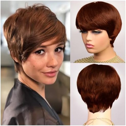 Chocolate Brown Human Hair Short Pixie Curly Wigs Chic Curly Wig Layered Pixie