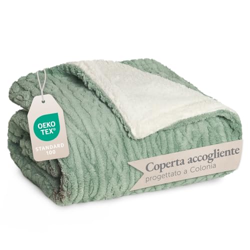 Blumtal coperta pile plaid 220x240 cm con disegno a treccia - coperta divano invernale con certificato OEKO-TEX - coperta pile in microfibra - morbida coperta sherpa sul rovescio - pleid verde/bianco