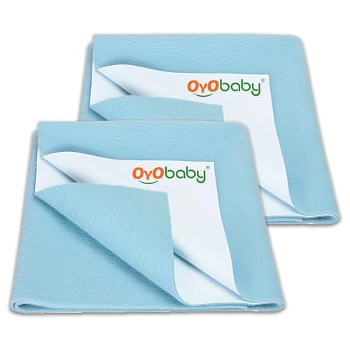 Image of OYO BABY Multi-Pack of 2 Medium Dry Sheets 100x70 cm | Waterproof, Quick Dry Baby Bed Protectors for 0 to 12 Months | Breathable, Reusable, Extra Absorbent Mattress Pads - Sea Blue