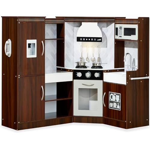 Image of Best Choice Products Pretend Play Corner Kitchen, Ultimate Interactive Wooden Kids Playset w/Lights & Sounds, Ice Maker, Hood - Espresso