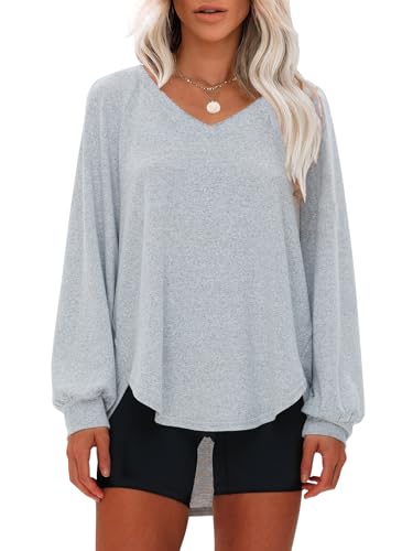 EXLURA Womens Fall Oversized V Neck Tunic Tops 2025 Casual Long Sleeve Shirts Lightweight Soft Sweater Curved Hem T Shirts Grey