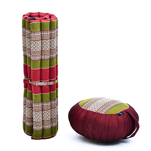 Image of Leewadee Meditation Cushion Set - 1 Round Zafu Meditation Pillow and 1 Square Roll-Up Zabuton Meditation Mat, Pillows Bundle Filled with Kapok