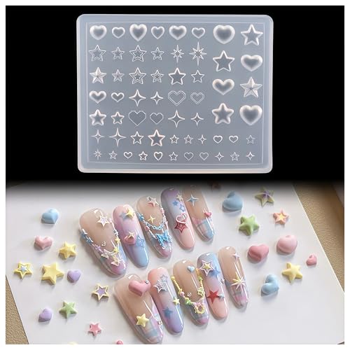 Zosutetoxo Nails Mold, Set de design d'ongles avec moule en silicone pour Nail Art 3D, pochoirs coeur & étoile pour Nail Art Y2K