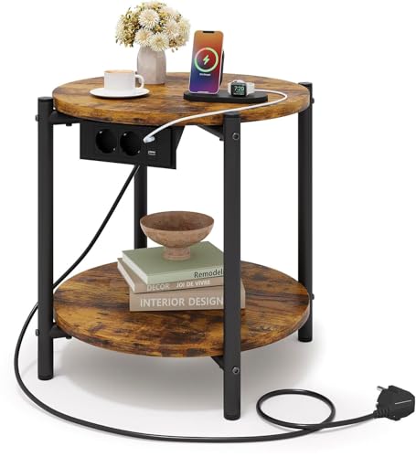 IRONCK Tavolino rotondo, tavolino da caffè con presa, piccolo tavolo in legno, tavolo da soggiorno, 2 ripiani, tavolino da divano, porta USB e tipo C, telaio in metallo, comodino per camera da letto