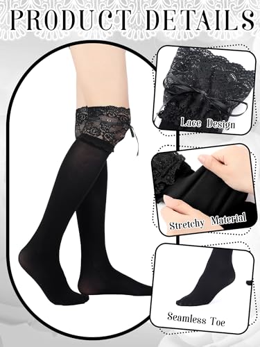 Image of Fourluoo 4 Pairs Womens Lace Socks Thigh High Socks Calf Sock with Bow Knot Lace Trim Long Boot over Knee Stockings Lolita