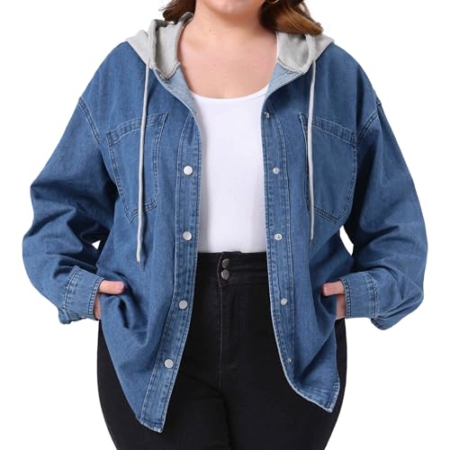 Agnes Orinda Plus Size Denim Jackets for Women Hoodies Long Sleeve Button Down Jean Jacket with Hood Western Outfit2