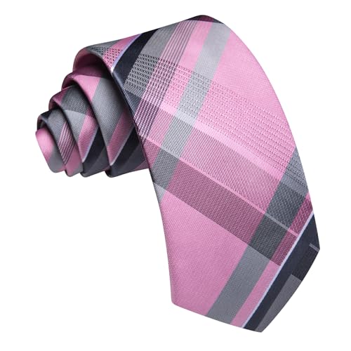 Image of Barry.Wang Plaid Ties Mens Silk Necktie and Tie Clip Checkered Tie for Wedding Party Business Formal