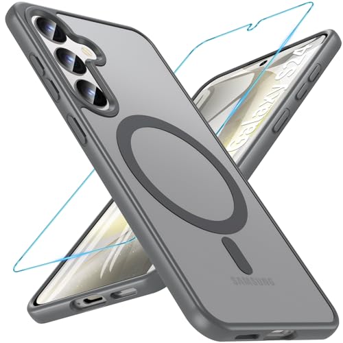 Image of OWKEY for Galaxy S24|S25 Case 6.2'',Magnetic Samsung Galaxy S24 /S25 Case for Magsafe with Tempered Glass Screen Protector, [Shockproof Military] Translucent Back Slim Bumper Cover S24 S25 Case, Gray