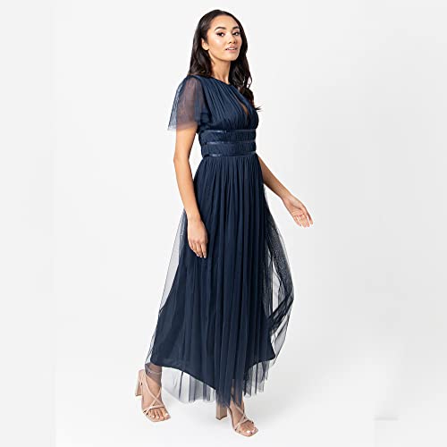 Anaya with Love Damen Ladies Midaxi Dress Women High Waist Keyhole Short Flutter Sleeve Crew Neckline for Wedding Guest Bridesmaids Prom Kleid, Navy Blue, 44
