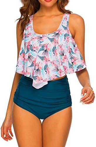Switmsuit for Women Two Pieces Bathing Suits Top Ruffled Racerback with High Waisted Bottom Tankini Set