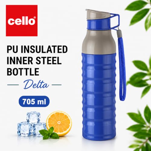 Image of CELLO Puro Steel-X Delta 900 PU Insulated Water Bottle for Office 705 ml Blue | Wide Mouth Easy to Carry with Strap Leak Proof Flip Top Lid Inner Steel Water Bottle for School Kids, College & Travel