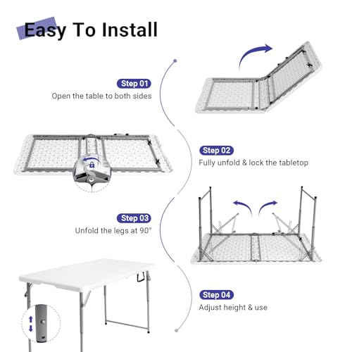 Image of Byliable Folding Table 4 Foot, Heavy Duty Portable Plastic Fold-in-Half Utility 4ft Folding Table with Carrying Handle for Indoor Outdoor, Camping Picnic Party, White
