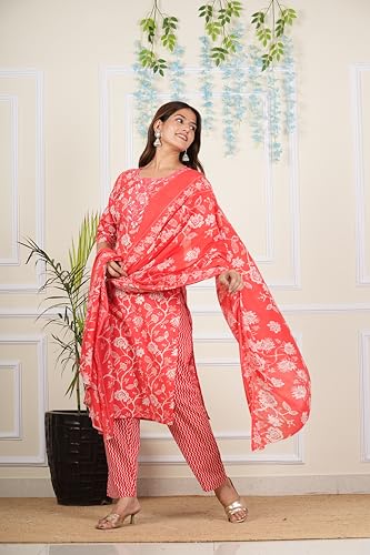 Image of Yash Gallery Women's Cotton Cambric Knee Length Round Neck Floral Printed Embroidered & Checkered Printed Regular Fitted 3 /4Th Sleeve Kurta Pant With Dupatta