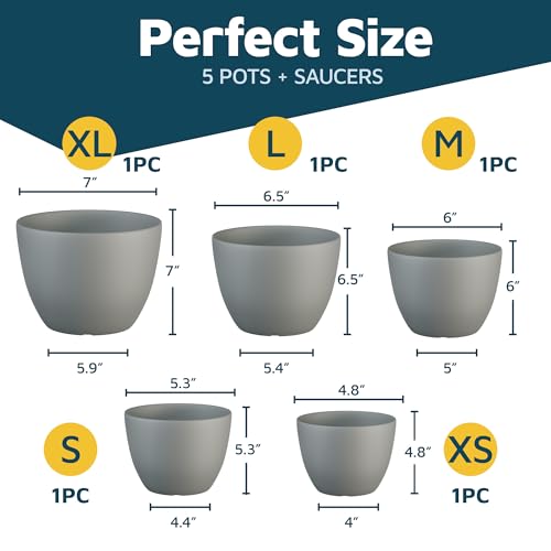 Planter Pots with Drainage Holes - Lightweight, Durable & Space-Saving Pots for Indoor and Outdoor - Versatile Functionality, Simple Modern Design, Set of 5 Plastic Planter Pots - Gray - Thumbnail 2