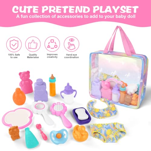 Miniatura 5 de Aolso Conjunto De Accesorios Para Muñeca De Juguete,18pcs, Juego De Rol Para Niños Incluye Alimentar, Bañar, Arreglar, Cargar Bolsas