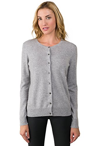 JENNIE LIU Women's 100% Cashmere Button Front Long Sleeve Crewneck Cardigan Sweater (M, Grey)