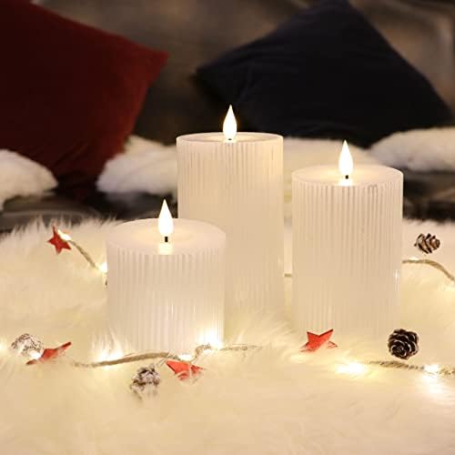 White Wax Battery Operated Flameless Ribbed Column Candles with Remote Control, 4/8hrs Timer, Warm White Light, Set of 3, Remote & Battery Included