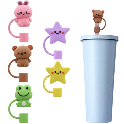 GGIJ 5Pcs Straw Cover Cap for Stanley Cup, 0.4in Diameter Cute Food Grade Silicone Straw Topper Dust-Proof Reusable Straw Tips Lids (Combination3（Frog, Bear, Rabbit, Yellow Star, Purple Star))