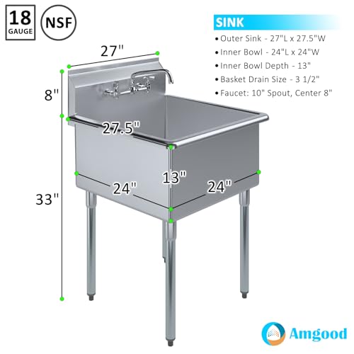 Image of 27 in x 27 1 /2 in. Stainless Steel Utility Sink With Faucet. 24 in. x 24 in. x 13 in Bowl. NSF