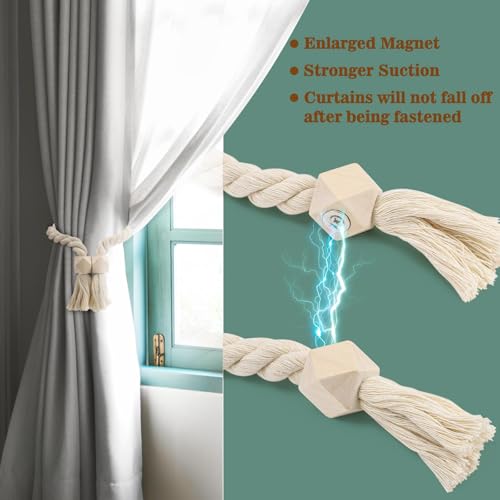 4 Stück Magnetische Vorhang Raffhalter, Gardinenhalter Vorhanghalter, Gardinenraffer aus Holz, Gardinen Raffhalter, Baumwollseil, Raffhalter für Gardinen Home Büro Gardinen Deko