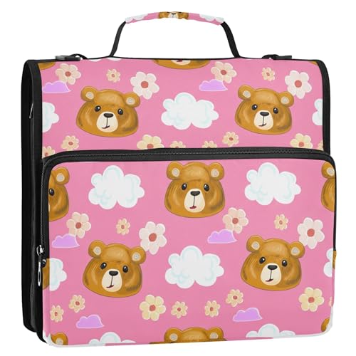 ファスナー付きバインダーオーガナイザー かわいいクマの花 ピンク 3リングバインダー 1.5インチ Dリング 学生用バインダー ストラップ付き ミドルスクールバッグ ポートフォリオ & ケース リングフォルダーホルダー
