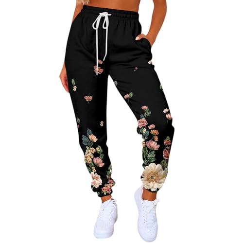 Damen Hosen Sommer Sport Set Damen Basketball Shorts Jeans High Waist Damen Vintage Blumendruck Sporthose Mit Kordelzug Slim Fit Lang Freizeithose Radlerhose Damen Lang (Black, S)