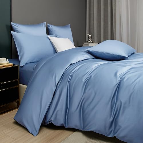 Luofanfei Mako Satin Baumwolle Bettwäsche 200x200 Blau Hellblau Kühlend Glatt Muster Atmungsaktiv Bettwäsche Set Weich und Bügelfrei Uni Bettbezug und 2 Kissenbezüge 80x80 cm