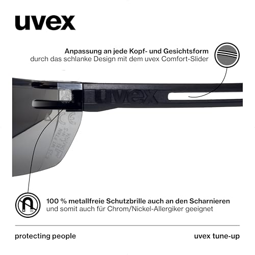Uvex tune-up Schutzbrille – Sicherheitsbrille mit 100% UV-Schutz - metallfrei, Anti-Beschlag & kratzfest – superleicht (23g) - schwarz, grau 23%
