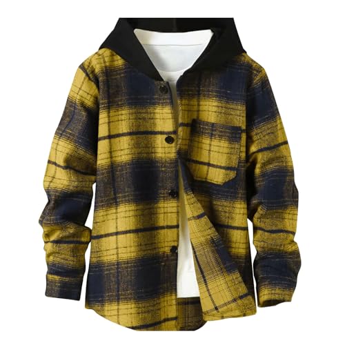Image of Boys Girls Flannel Shirts Plaid Hoodies Fall Fashion Button Down Shirts | Long Sleeve Shirts Hooded Lightweight Jacket, Perfect for School Mornings, Leaf Piles,Camping, Bonfires, Weekend Adventures