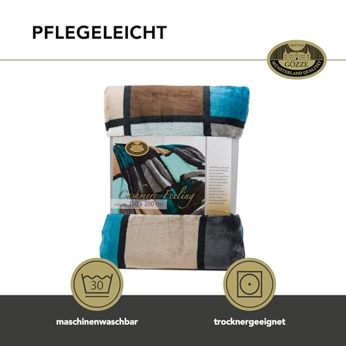 Gözze - Weiche Kuscheldecke, Cashmere Feeling, Hohes Stoffgewicht 500 g/m², Antigua, 150 x 200 cm - Aqua/Taupe/Petrol