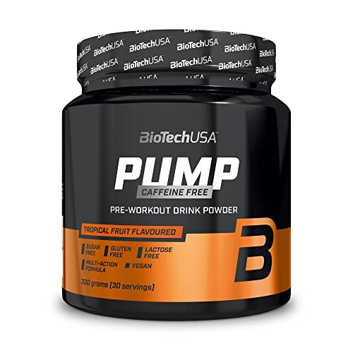 BioTechUSA Pump Caffeine Free | Énergie, concentration et soutien immunitaire | 19 Ingrédients actifs | Boisson en poudre pré-entraînement, 330 g, Fruits Exotiques