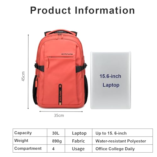 Image of Arctic Hunter Lightweight Laptop Backpack 15.6 inch Shock-Resistant Compartment 7-Pocket Organized Design USB Charging Port Water-Resistant 30L Travel Daypack with YKK Zippers (Orange)