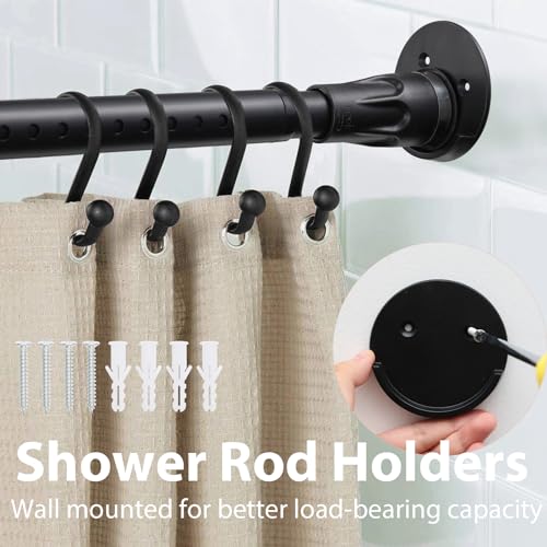 Tension Curtain Rod No Drill, Heavy Duty Adjustable Matte Black Bathroom Shower Curtain Rod with Round Shower Rod Holder for Windows Closet Rod 42-60 inch